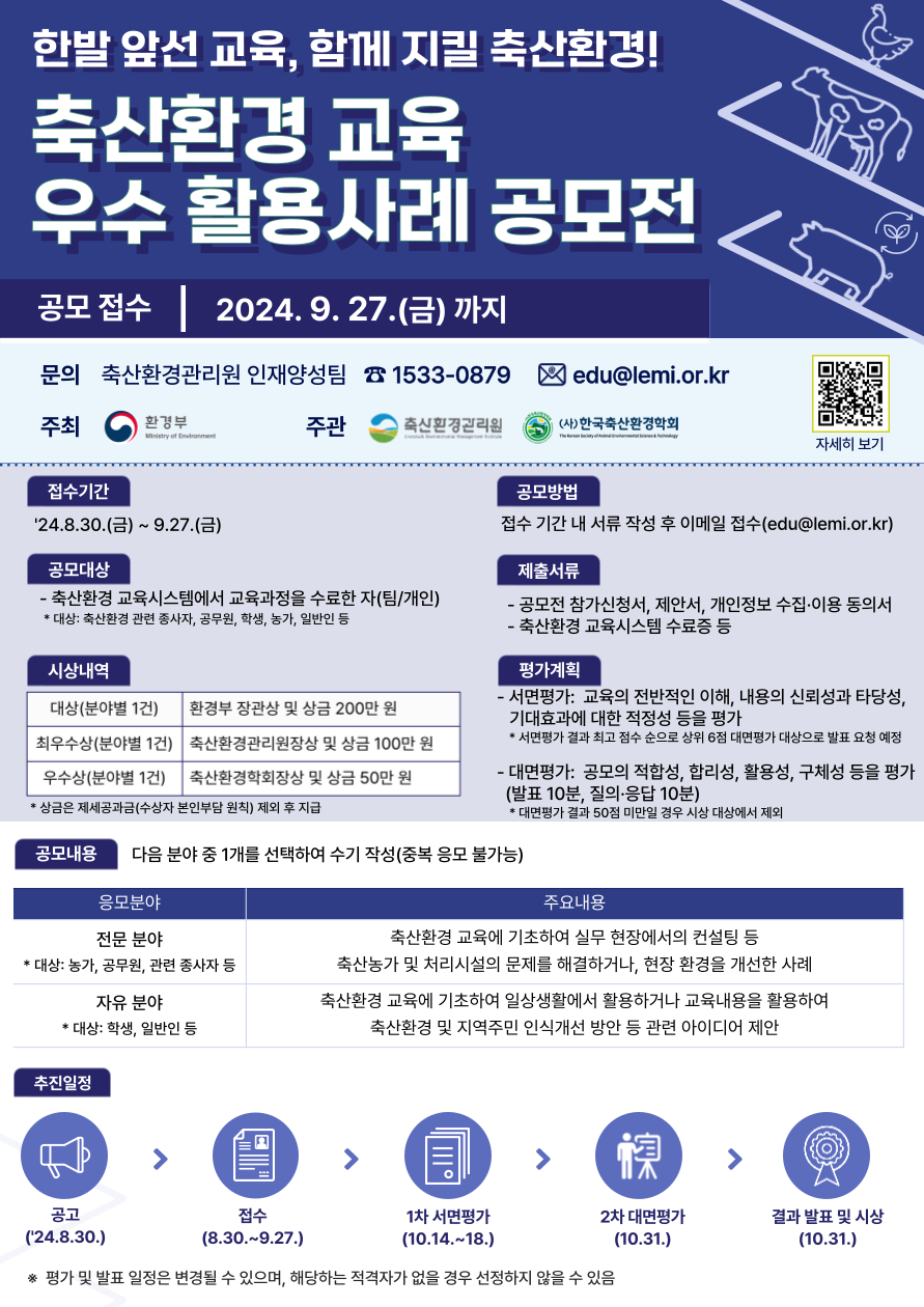 한발 앞선 교육, 함께 지킬 축산환경!. 축산환경 교육 우수 활용사례 공모전. 공모 접수, 2024.9.27.(금) 까지. 문의, 축산환경관리원 인재양성팀, ☎ 1533-0879, edu@lemi.or.kr. 주최. 주관. 접수기간, '24.8.30.(금) ~ 9.27.(금). 공모대상, - 축산환경 교육시스템에서 교육과정을 수료한 자(팀/개인), * 대상: 축산환경 관련 종사자, 공무원, 학생, 농가, 일반인 등. 시상내역. 대상(분야별 1건), 최우수상(분야별 1건), 우수상(분야별 1건). 환경부 장관상 및 상금 200만 원, 축산환경관리원장상 및 상금 100만 원, 축산환경학회장상 및 상금 50만 원. * 상금은 제세공과금(수상자 본인부담 원칙) 제외 후 지급. 공모방법, 접수 기간 내 서류 작성 후 이메일 접수(edu@lemi.or.kr). 제출서류, - 공모전 참가신청서, 제안서, 개인정보 수집·이용 동의서, - 축산환경 교육시스템 수료증 등. 평가계획, - 서면평가: 교육의 전반적인 이해, 내용의 신뢰성과 타당성, 기대효과에 대한 적정성 등을 평가, * 서면평가 결과 최고 점수 순으로 상위 6점 대면평가 대상으로 발표 요청 예정, - 대면평가: 공모의 적합성, 합리성, 활용성, 구체성 등을 평가(발표 10분, 질의·응답 10분), * 대면평가 결과 50점 미만일 경우 시상 대상에서 제외. 공모내용, 다음 분야 중 1개를 선택하여 수기 작성(중복 응모 불가능). 응모분야, 전문 분야, * 대상: 농가, 공무원, 관련 종사자 등, 자유 분야, * 대상: 학생, 일반인 등. 주요내용, 축산환경 교육에 기초하여 실무 현장에서의 컨설팅 등 축산농가 및 처리시설의 문제를 해결하거나, 현장 환경을 개선한 사례, 축산환경 교육에 기초하여 일상생활에서 활용하거나 교육내용을 활용하여 축산환경 및 지역주민 인식개선 방안 등 관련 아이디어 제안. 추진일정. 공고('24.8.30.), 접수(8.30.~9.27.), 1차 서면평가(10.14.~18.), 2차 대면평가(10.31.), 결과 발표 및 시상(10.31.). ※ 평가 및 발표 일정은 변경될 수 있으며, 해당하는 적격자거 없을 경우 선정하지 않을 수 있음