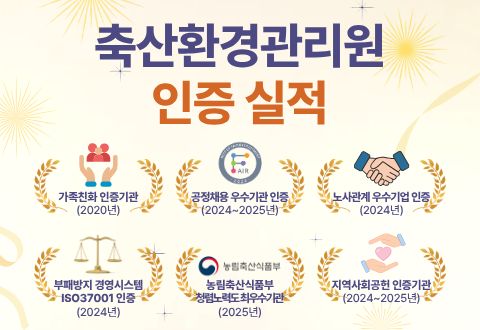 축산환경관리원 이증 실적 / 가족친화 인증기관(2020년)/공정채용 우수기관 인증(2024~2025년/노사관계 우수기업 인증(2024년)/부패방지 경영시스템 ISO37001인증(2024년)/농림축산식품부 청렴노력도 최우수기관(2025년)/지역사회공헌 인증기관(2024~2025년)
