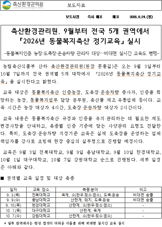 보도자료 보도시점 즉시 배포 배포 2026.8.24.(월) 축산환경관리원, 9월부터 전국 5개 권역에서 「2026년 동물복지축산 정기교육」 실시 -동물복지인증 농장·도축장·운송차량 관리자 대상…비대면 실시간 교육도 병행- 농림축산식품부 산하 축산환경관리원(원장 문홍길)은 오는 9월 3일부터 10월 7일까지 전국 권역별 5개 대학에서 「2026년 동물복지축산 정기교육」을 실시한다고 밝혔다. 교육 대상은 동물복지축산 인증농장, 도축장·운송차량 종사자, 인증을 희망하는 농장, 동물복지업무 담당 공무원, 축산물 제조·유통업체 등이다. 교육 시간은 농장 대상자 4시간, 도축장·운송차량 대상자 2시간이다. 교육 내용은 동물복지축산 규정과 인증을 유지·관리하는 데 필요한 제도 변경사항을 안내하고, 축종별 인증 기준에 맞는 사양관리 요령도 전달한다. 특히, 도축장·운송차량 지정기준 교육은 실제 도축장을 운영하는 업체 책임자를 강사로 초빙해 현장 중심의 실무형으로 진행할 예정이다. 교육은 9월 3일 전북대학교, 9월 9일 충남대학교, 9월 10일 한경대학교, 10월 1일 대구대학교, 10월 7일 강원대학교 순으로 진행된다. 세부 일정은 아래와 같다. ■ 권역별 교육 일정 및 대상 축종 일자 교육 장소 축종·분야 비고 9. 3.(목) 전북대학교 육계, 소(한우·젖소·염소), 도축·운송 비대면 송출 9. 9.(수) 충남대학교 산란계, 돼지, 도축·운송 비대면 송출 9. 10.(목) 한경대학교 산란계, 소(한우·젖소·염소) - 10. 1.(목) 대구대학교 산란계, 육계 - 10. 7.(수) 강원대학교 산란계, 소(한우·젖소·염소) - * 일부 권역에서는 현장 참석이 어려운 이들을 위해 비대면 실시간 교육 실시