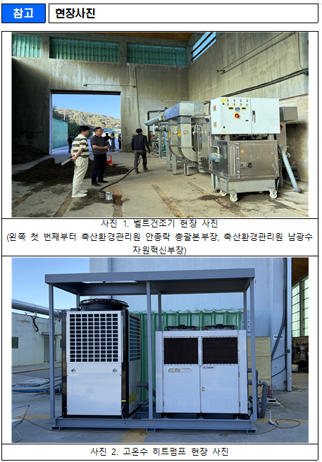 사진 1. 벨트건조기 현장 사진 (왼쪽 첫 번째부터 축산환경관리원 안종락 총괄본부장, 축산환경관리원 남광수 자원혁신부장) 사진 2. 고온수 히트펌프 현장 사진