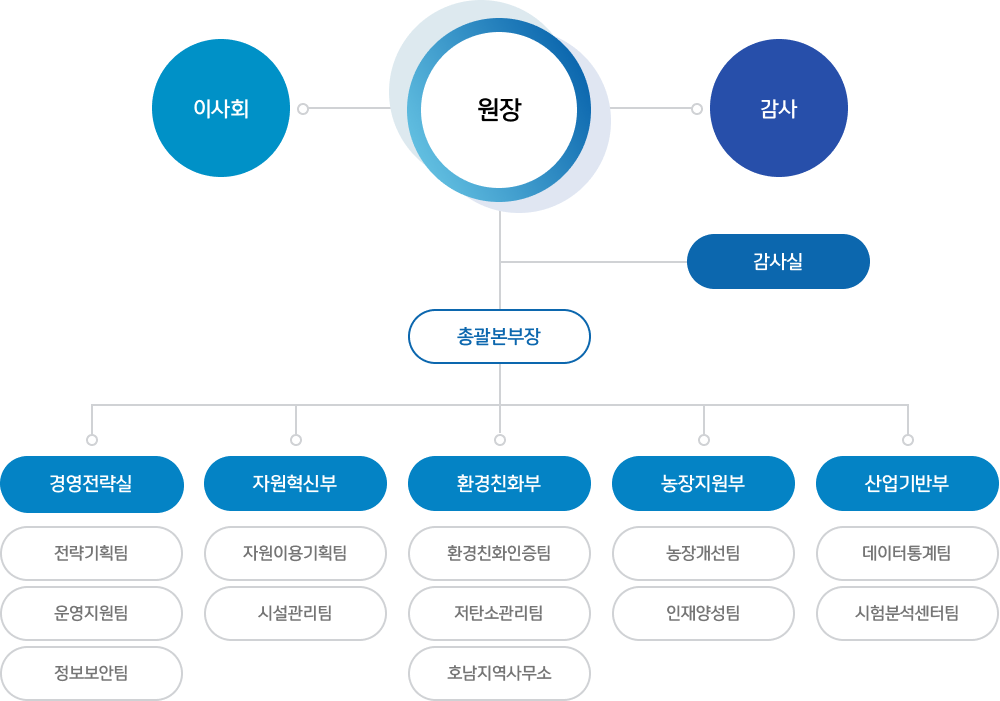 조직도 이미지. 조직은 원장, 감사, 총괄본부장, 5개의 부서와 각 부서의 팀들로 구성됨. 이사회는 원장과 연결, 원장은 감사와 총괄본부장을 연결하며, 총괄본부장은 5개의 부서와 연결됨 (1. 경영전략실: 전략기획팀,운영지원팀,정보보안팀 2. 자원혁신부: 자원이용기획팀, 시설관리팀 3.환경친화부: 환경친화인증팀,저탄소관리팀 4. 농장지원부: 농장개선팀, 인재양성팀 5. 산업기반부: 데이터통계팀, 시험분석센터팀)